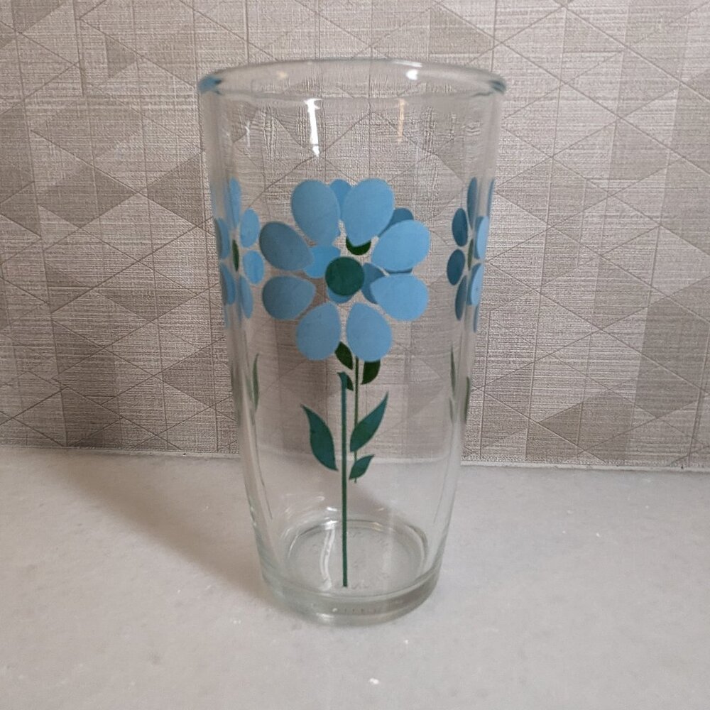 Vintage MCM HAZEL ATLAS BLUE DAISY FLOWER PRINT 1 PINT SOUR CREAM DRINKING GLASS